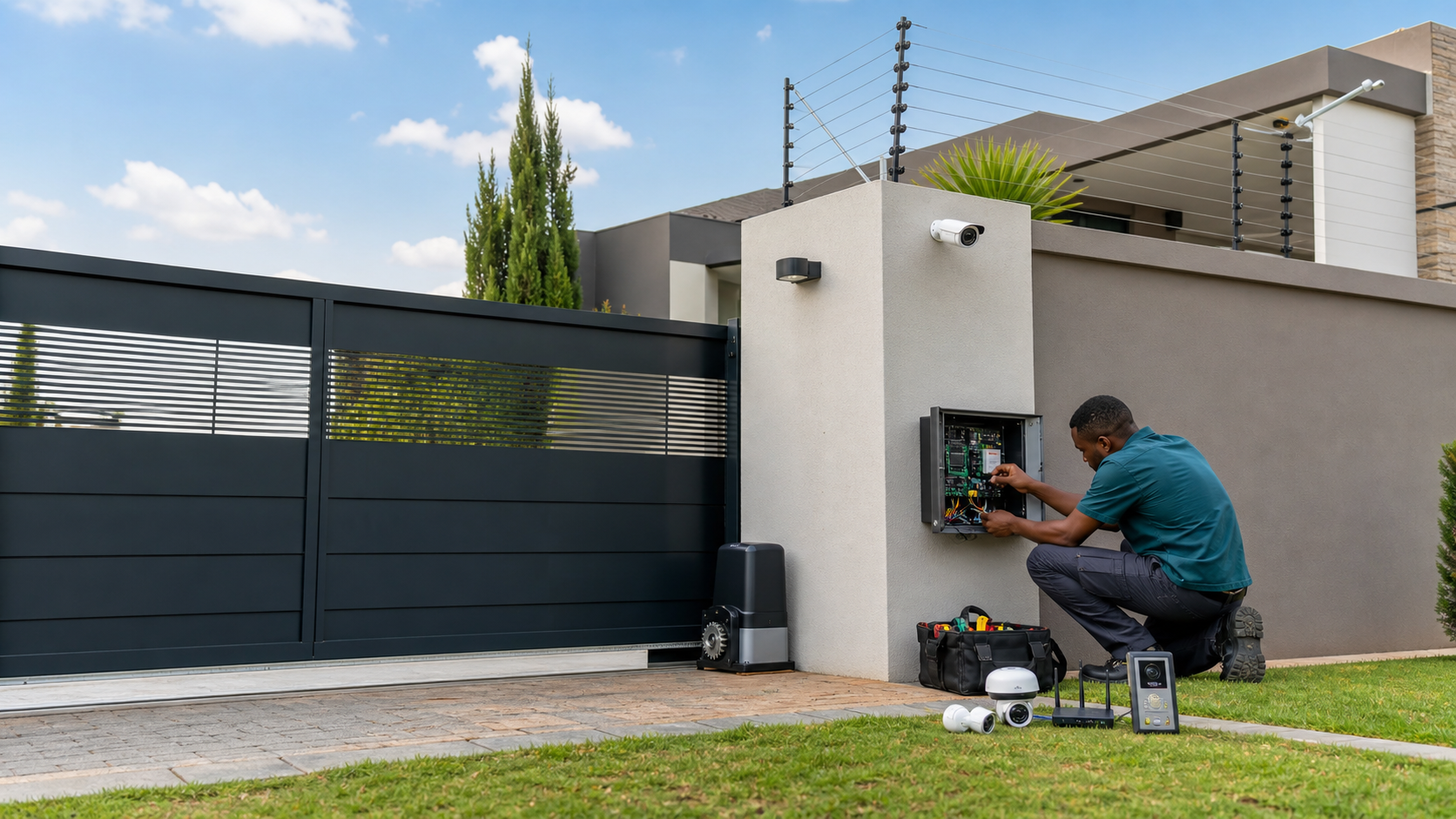 Technician at a Gauteng home entrance with gate automation, CCTV, electric fencing, WiFi, and intercom equipment